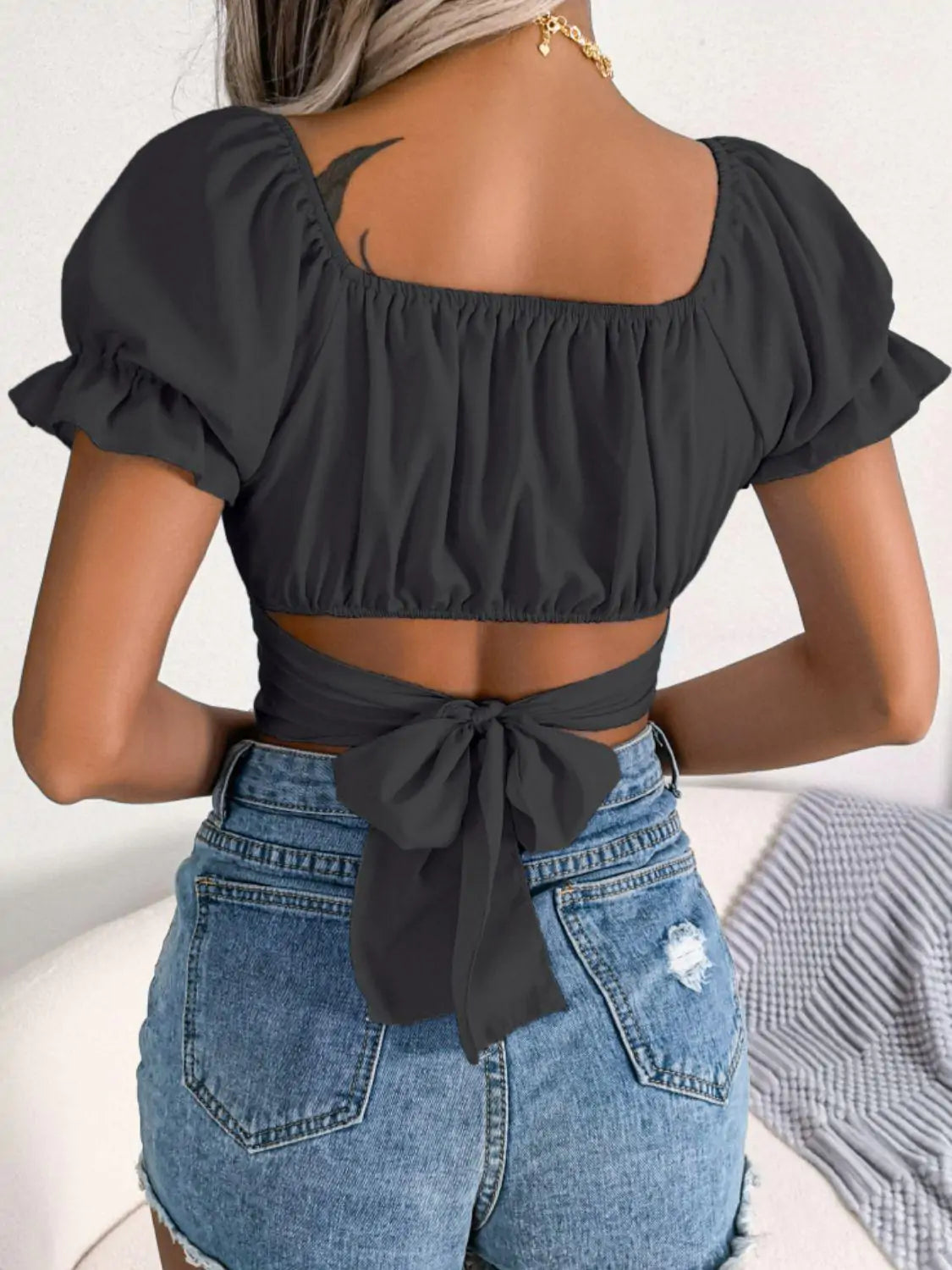 Square Neck Bow Cropped Top